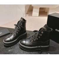 Stylish Chanel Calfskin Leather Lace-up Platform Ankle Boots Black 909108