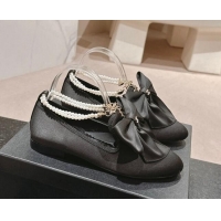 Stylish Chanel Satin Loafers Flat with Pearls Ankle Strap and Maxi Bow Black 909112