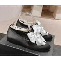 Unique Style Chanel Satin Loafers Flat with Pearls Ankle Strap and Maxi Bow Black/White 909113