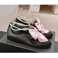 Popular Style Chanel Satin Loafers Flat with Pearls Ankle Strap and Maxi Bow Black/Pink 909114