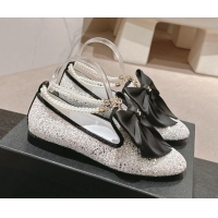 Best Product Chanel Sequins Loafers Flat with Pearls Ankle Strap and Maxi Bow White 909116