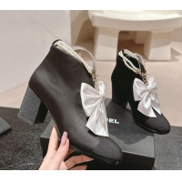 Shop Duplicate Chanel Satin Heel Ankle Boots with Pearls Strap and Maxi Bow Black/White 909119