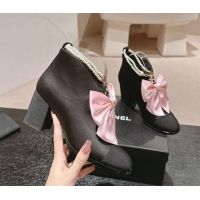 Good Product Chanel Satin Heel Ankle Boots with Pearls Strap and Maxi Bow Black/Pink 909120