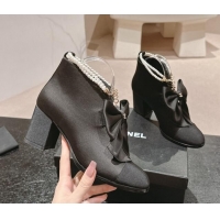 Pretty Style Chanel Satin Heel Ankle Boots with Pearls Strap and Maxi Bow Black 909121