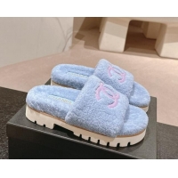 Grade Quality Chanel Wool Fur Platform Slides Sandal Blue 909122