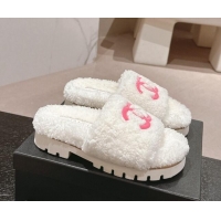 Good Quality Chanel Wool Fur Platform Slides Sandal White 909123