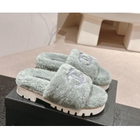 Perfect Chanel Wool Fur Platform Slides Sandal Dusty Green 909125