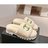 Purchase Chanel Wool Fur Platform Slides Sandal Beige 909126