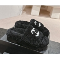 Luxury Cheap Chanel Wool Fur Platform Slides Sandal Black 909127