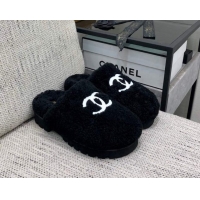 Good Quality Chanel Wool Fur Platform Mules Black 909132