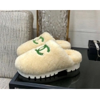 Low Price Chanel Wool Fur Platform Mules Beige 909133