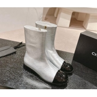 Best Grade Chanel Calfskin Flat Ankle Boots Silver 910001