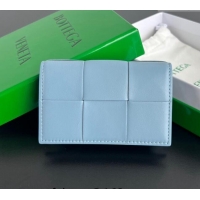 Good Taste Bottega Veneta Cassette Business Card Case Wallet in Intrecciato Lambskin 651396 Ice Blue 2024