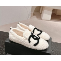 Grade Quality Chanel Wool Fur Flat CC Loafers White 910010