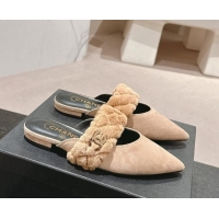 Good Looking Chanel Suede & Fur Flat Pointed Mules Beige 910015