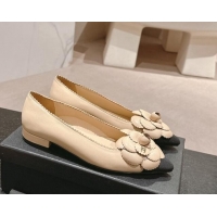 Hot Style Chanel Calfskin Ballet Flats with Camellia Bloom Beige 910030