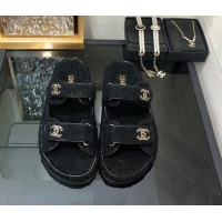 Durable Chanel Fur Flat Strap Slides Sandal with Chain CC Black 910032