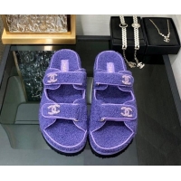 Luxury Chanel Fur Flat Strap Slides Sandal with Chain CC Purple 910036