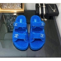 Trendy Design Chanel Fur Flat Strap Slides Sandal with Chain CC Sky Blue 910033