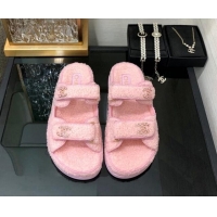 Lower Price Chanel Fur Flat Strap Slides Sandal with Chain CC Light Pink 910038