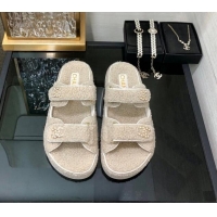 Good Product Chanel Fur Flat Strap Slides Sandal with Chain CC light Beige 910040