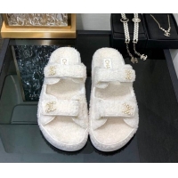 Best Grade Chanel Fur Flat Strap Slides Sandal with Chain CC White 910042