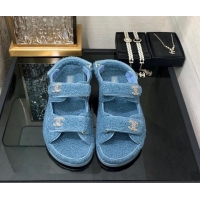 Low Price Chanel Fur Flat Strap Sandals with Chain CC Light Blue 910044