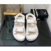 Good Looking Chanel Fur Flat Strap Sandals with Chain CC White 910047