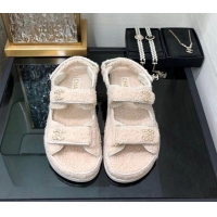 Pretty Style Chanel Fur Flat Strap Sandals with Chain CC Light Beige 910048