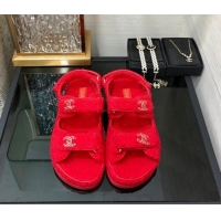 Luxurious Chanel Fur Flat Strap Sandals with Chain CC Red 910049