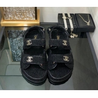 Luxury Chanel Fur Flat Strap Sandals with Chain CC Black 910051