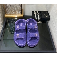 Good Quality Chanel Fur Flat Strap Sandals with Chain CC Purple 910052