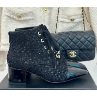 Purchase Chanel Tweed & Patent Calfskin Lace-up Ankle Boots with Sequins and Beads Black 910056