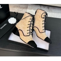 Stylish Chanel Suede Heel Lace-up Ankle Boots Beige 910077