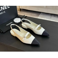 Good Quality Chanel Lambskin Slingback Flats Shoes with Pearl Strap White 910084