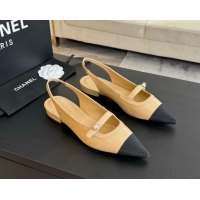 Good Product Chanel Lambskin Slingback Flats Shoes with Pearl Strap Beige 910085