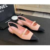 Buy Discount Chanel Lambskin Slingback Flats Shoes with Pearl Strap Pink 910086