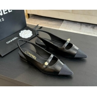 Best Product Chanel Lambskin Slingback Flats Shoes with Pearl Strap Black 910087