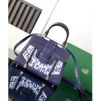 Discount Goyard Saigon Mini Top Handle Bag in Embroidery and Crocodile Embossed Leather 020173 Navy Blue 2024