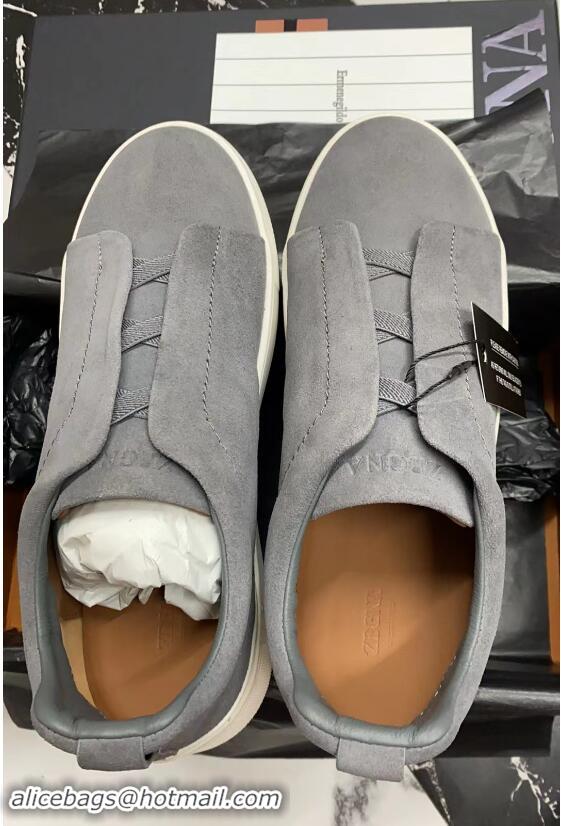 ​Promotional Zegna Melange Suede Triple Stitch Sneakers Feature A White Rubber Sole ZE4589 Grey