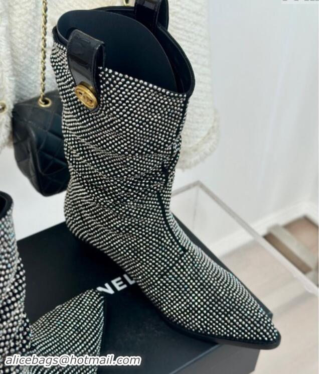 Sophisticated Chanel Strass Studs Allover Heel Medium Boots Black 910091