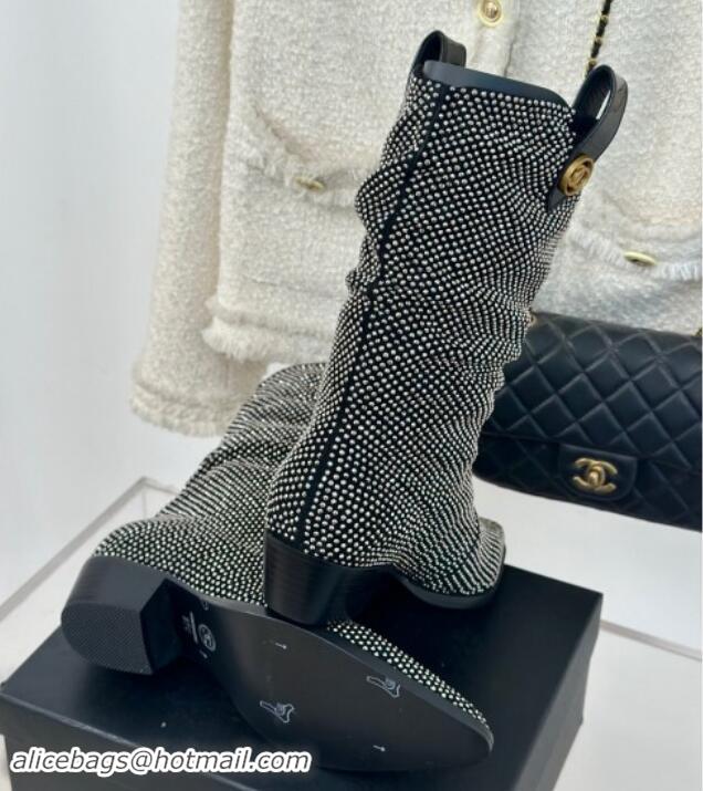 Sophisticated Chanel Strass Studs Allover Heel Medium Boots Black 910091