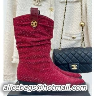 Buy Discount Chanel Strass Studs Allover Heel Medium Boots Red 910093