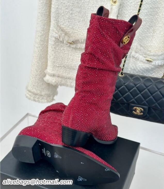 Buy Discount Chanel Strass Studs Allover Heel Medium Boots Red 910093