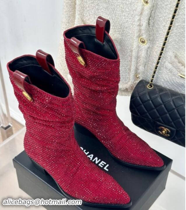 Buy Discount Chanel Strass Studs Allover Heel Medium Boots Red 910093