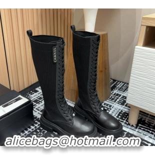 Good Quality Chanel Calfskin Leather & Knit Lace-up Platform High Boots Black 910096