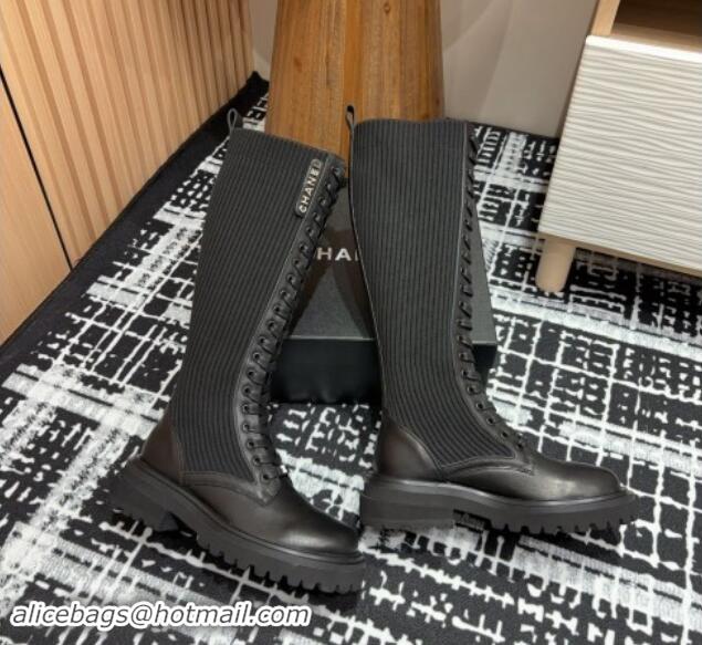 Good Quality Chanel Calfskin Leather & Knit Lace-up Platform High Boots Black 910096