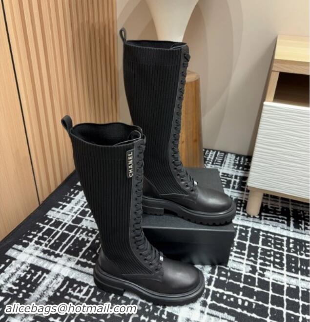 Good Quality Chanel Calfskin Leather & Knit Lace-up Platform High Boots Black 910096