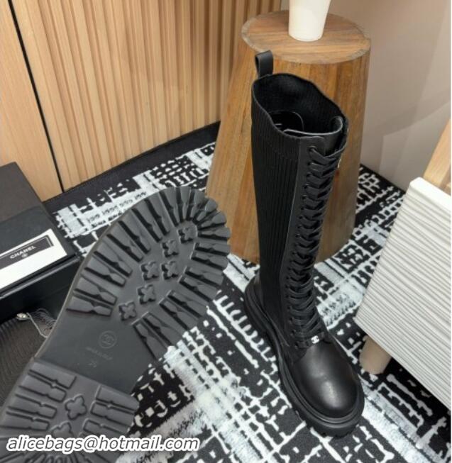 Good Quality Chanel Calfskin Leather & Knit Lace-up Platform High Boots Black 910096