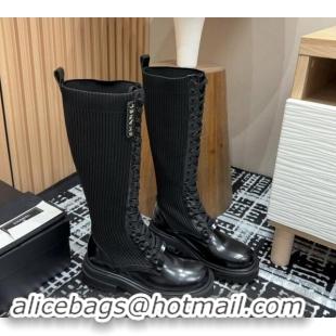 Grade Quality Chanel Shiny Calfskin & Knit Lace-up Platform High Boots Black 910097